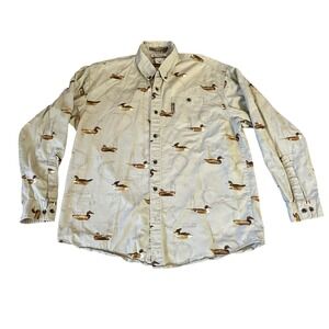 Columbia Shirt Mens L Beige River Lodge Duck All Over Print Chest Pocket Dadcore